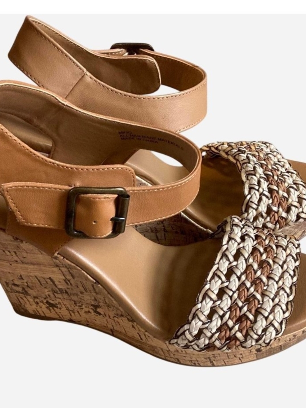 Mojo Moxy Tan and Ivory Braided Cork Wedge Sandals